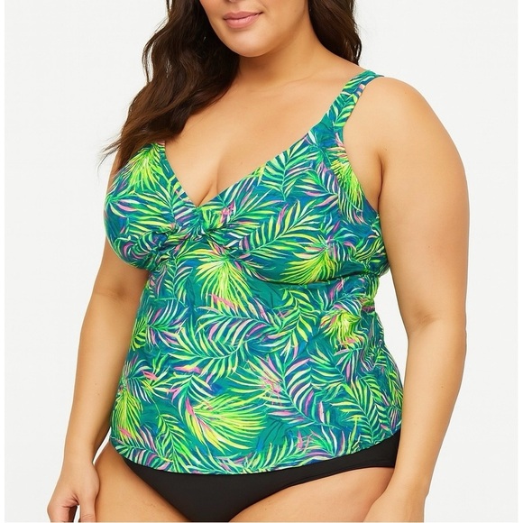 Lands’ End Green Palm Tree Print Tankini Women’s Swim Top Size 16 DD - Picture 1 of 13
